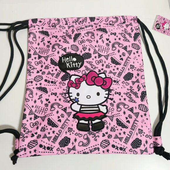 Hello Kitty Pink Black Icons Drawstring Bag Backpack Heavy Canvas - Picture 3 of 6